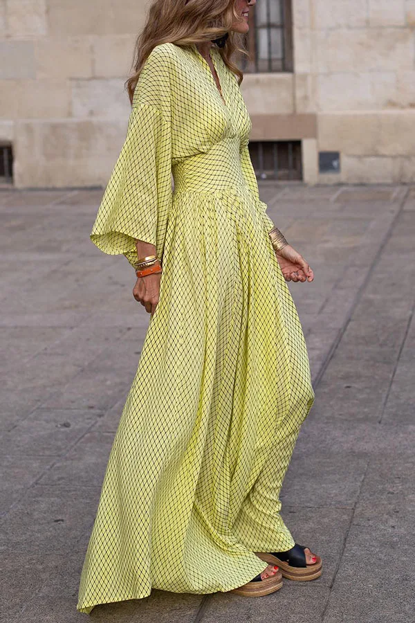 Vintage Boho Women's Casual Dress Sping Fall Fashion V-neck Lantem Sleeve Folds Waist Loose Maxi Streetwear Dresses For Women