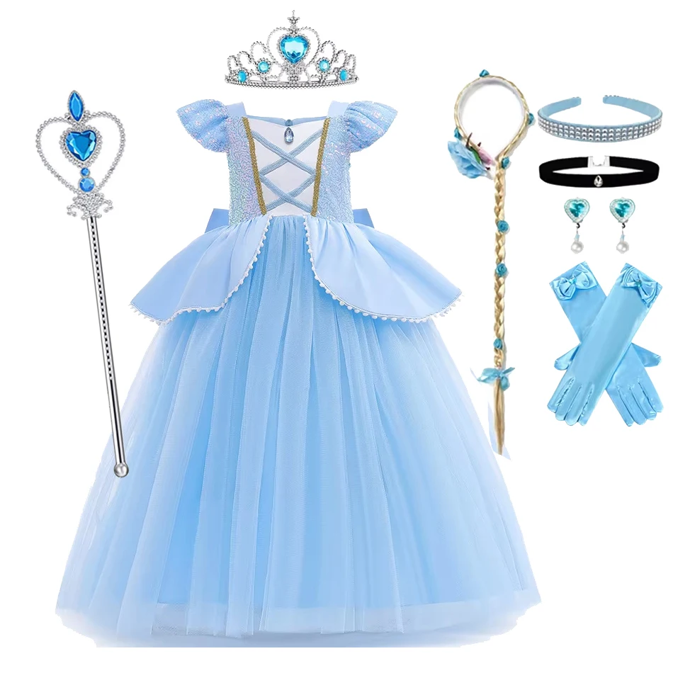 Kids Cinderalla Princess Cosplay Costume Clothes Girls Sequins Dress with Crown Gloves Birthday Party Ball Gown 2-10 Years