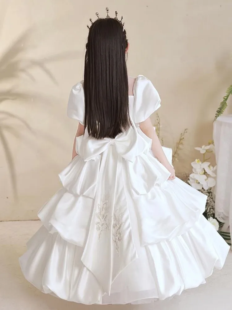 Children's Princess Evening Gown Bow Sequin Puff Sleeve Design Wedding Birthday Baptism Hosting Party Girls Long Dresses A2818