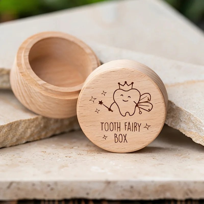 2D Multi-Functional Wooden Box Baby Teeth Fetal Hair Storage Portable Souvenir Wisdom Teeth Desktop Decor Tooth Pattern Design