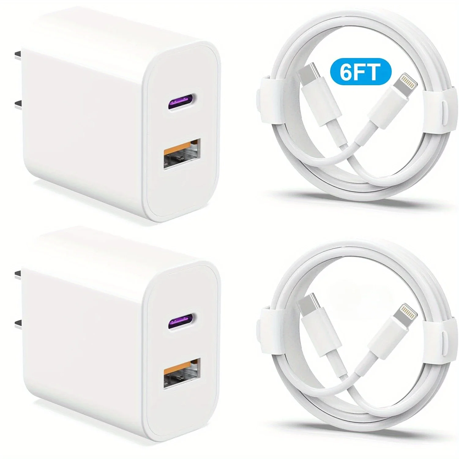 Phone Charger 20W Dual Port QC + PD 3.0 Power Adapter Fast Wall Charger Block with 6FT Super Fast Charger Cable for iPhone 14 13