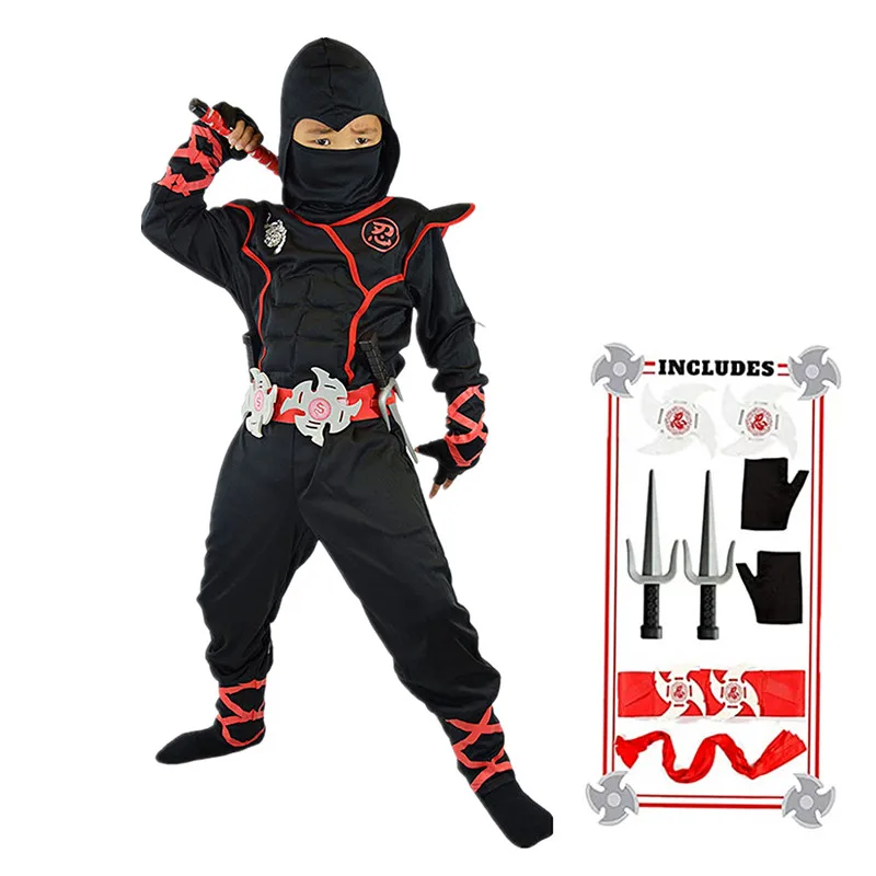 Authentic Kids Ninja Costume Set for Role Play and Cosplay, Ninja Clothes with Hood, Mask, Gloves and Throwing Stars