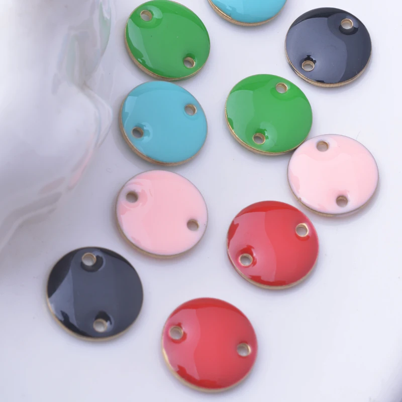 30pcs12mm  Round Copper Two Hole charm Dripping oil Connector Both Sided Enamel Earrings Pendant Jewelry Accessories Findings