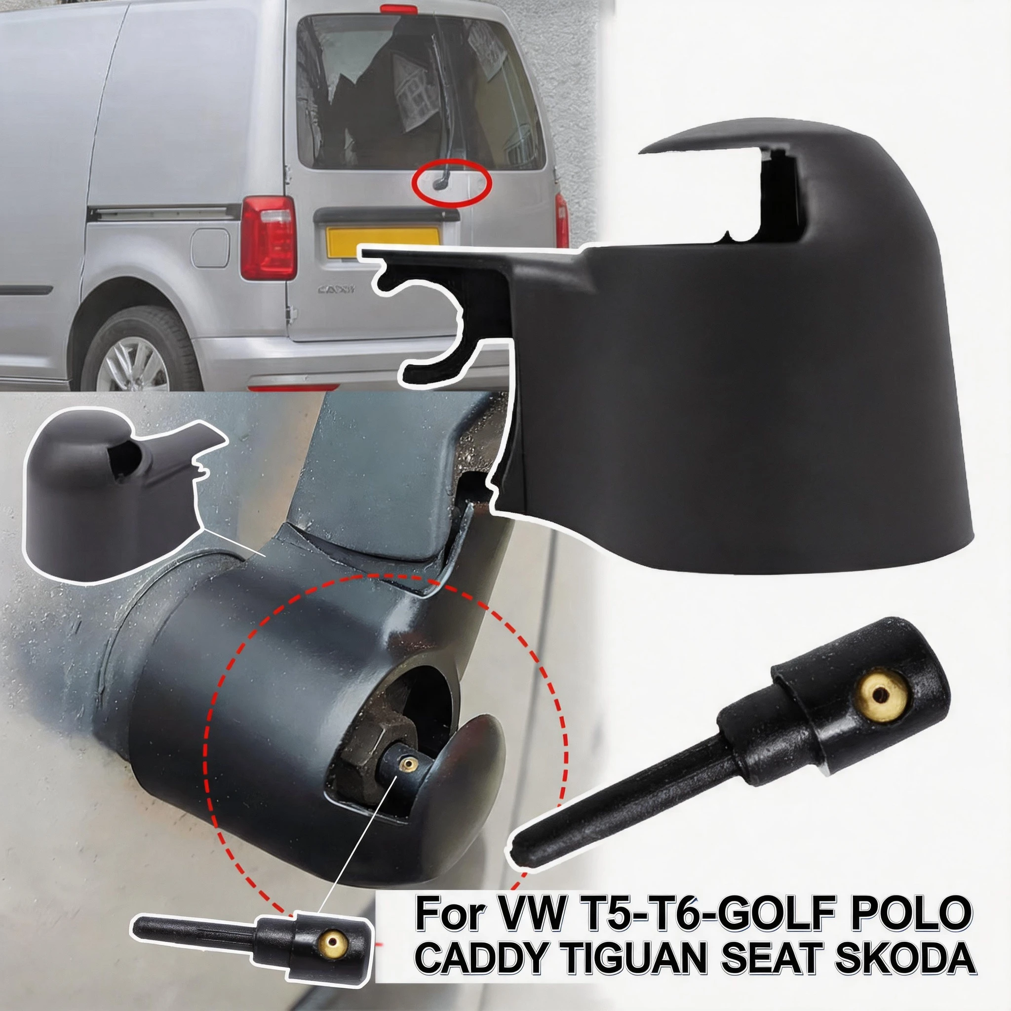 For VW Skoda Caddy 2004-2017 Golf Plus Scirocco-Typ 13 137 Tiguan MK1 Polo GTI Rear Wiper Arm Rocker Cover Cap Washer Jet Nozzle