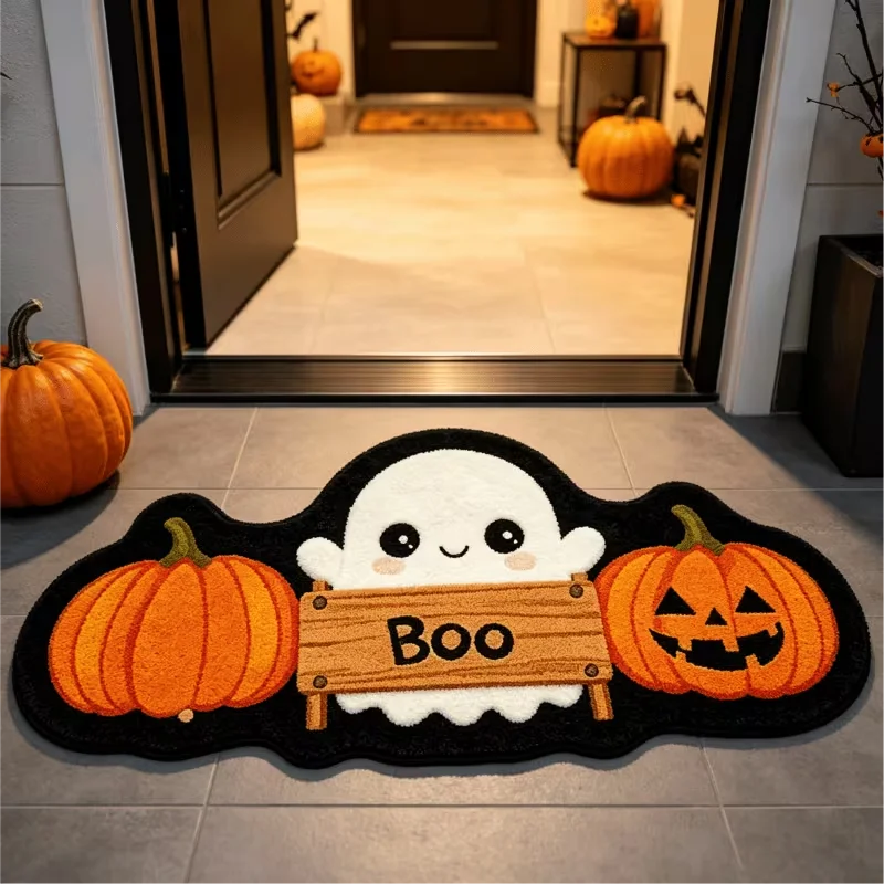 Halloween Cute Ghost Pumpkin Irregular Rug Fun Cartoon Doormat Festive Atmosphere Decor Floor Mat Plush Carpet for Living Room