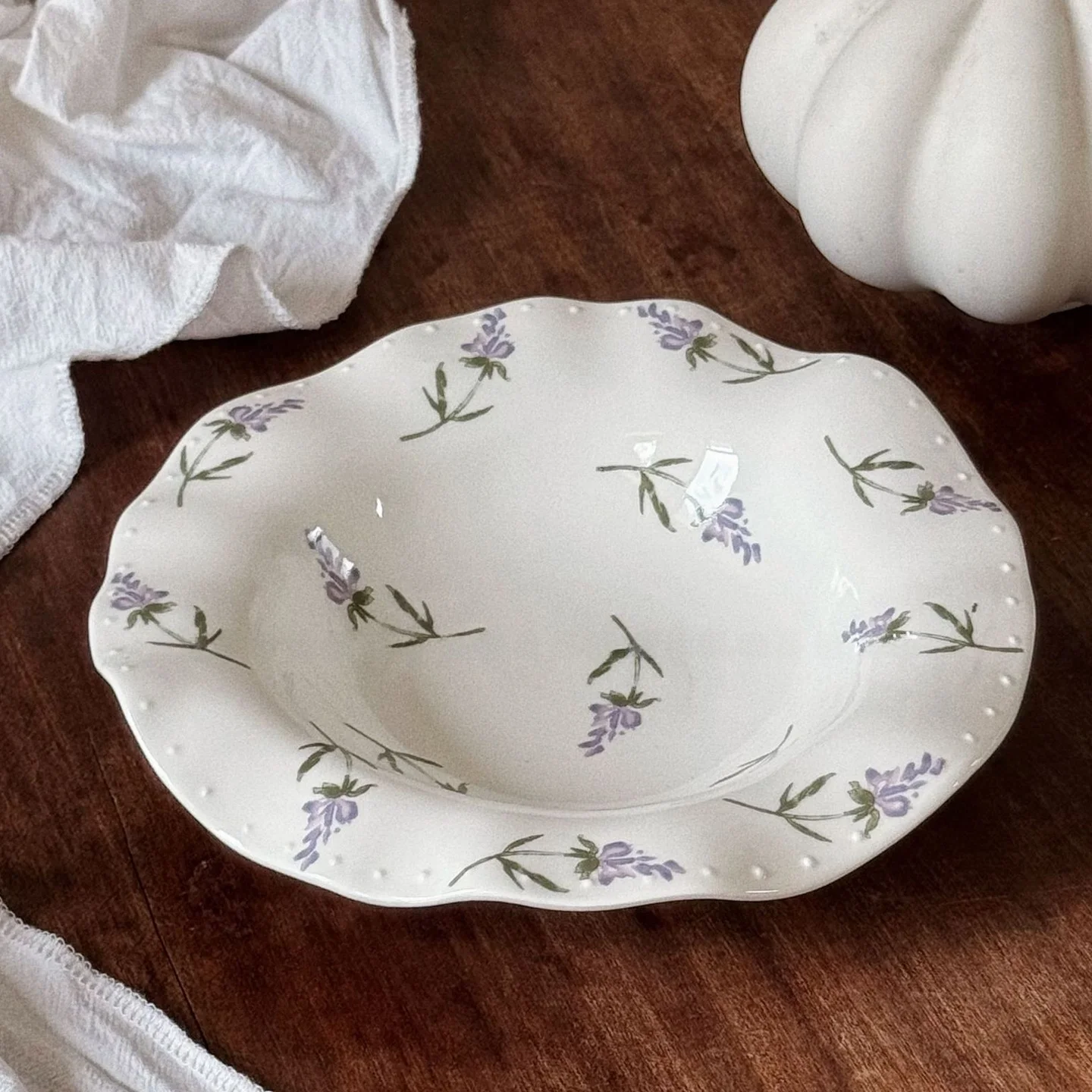 Retro Ceramic Dessert Plate Deep Dish Fruit Salad Plate French Style round Plant Floral Pattern All Purpose Dining Utensils