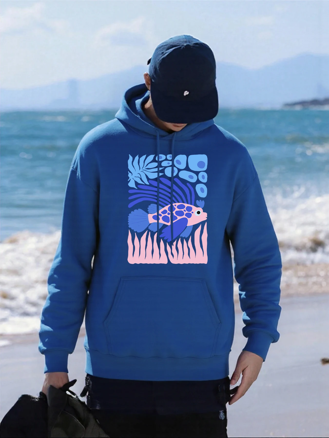 Sudadera con capucha con estampado de pescado manchado y algas marinas para hombre, sudaderas con capucha de gran tamaño, jerséis de moda de calle para hombre, ropa deportiva de lana para otoño