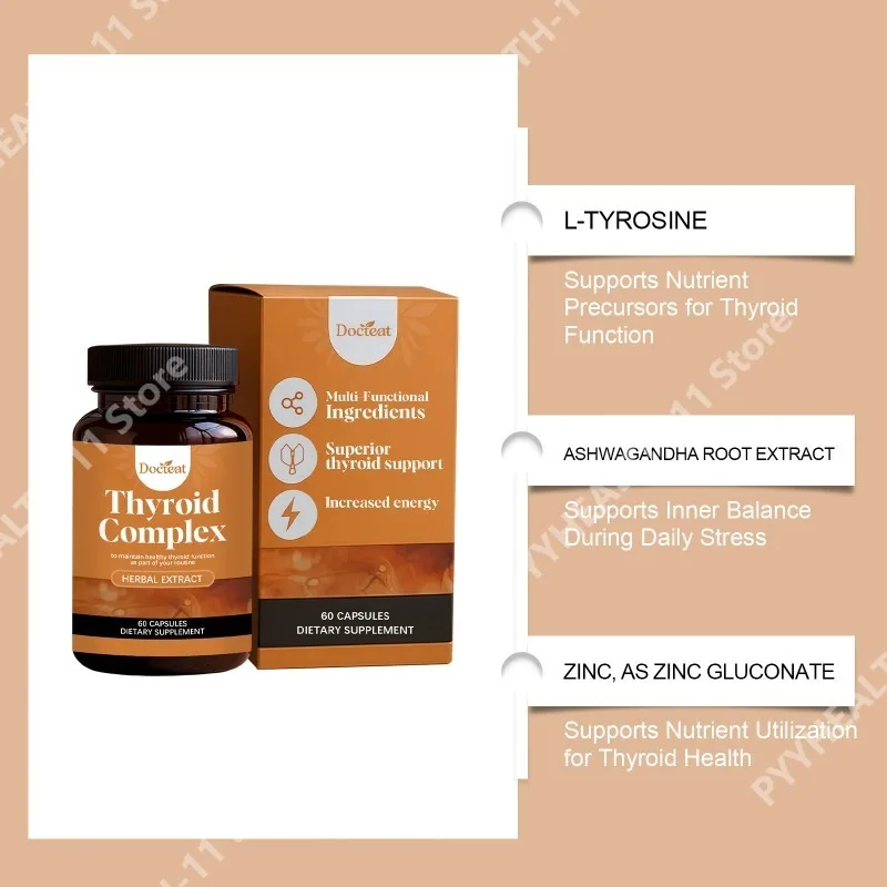 Cápsulas de Apoyo para la Tiroides Docteat con L-Tirosina, Selenito de Sodio, Gluconato de Zinc y Extracto de Raíz de Ashwagandha, 60 Cápsulas