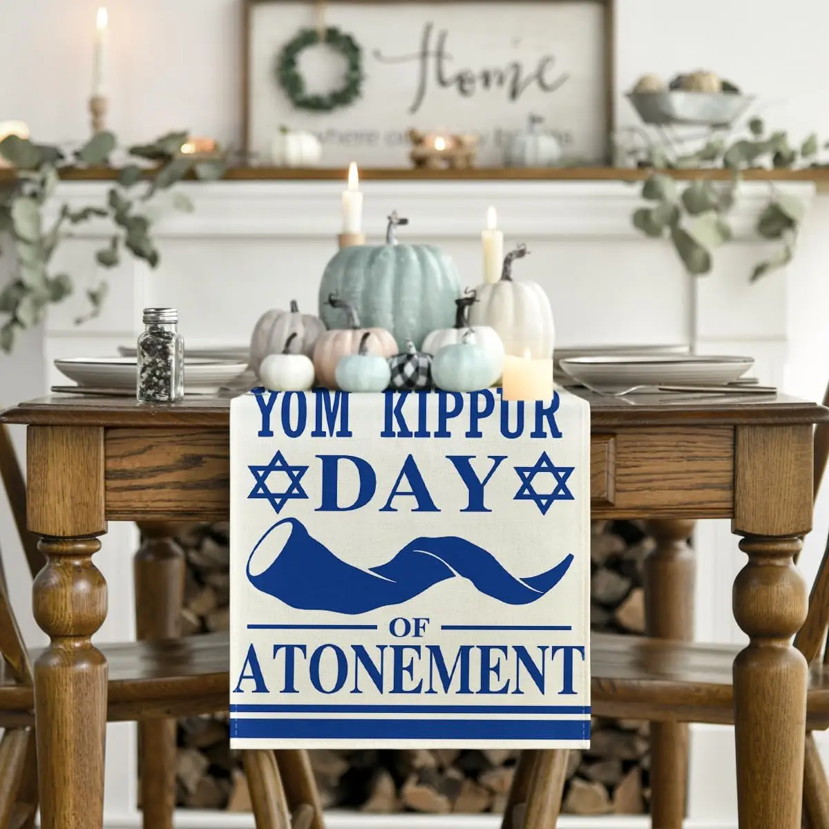 Shofar of Atonement Yom Kippur Day Linen Table Runner Hexagram Jewish Rosh Hashanah Kitchen Dining Table Decor for Party Decor