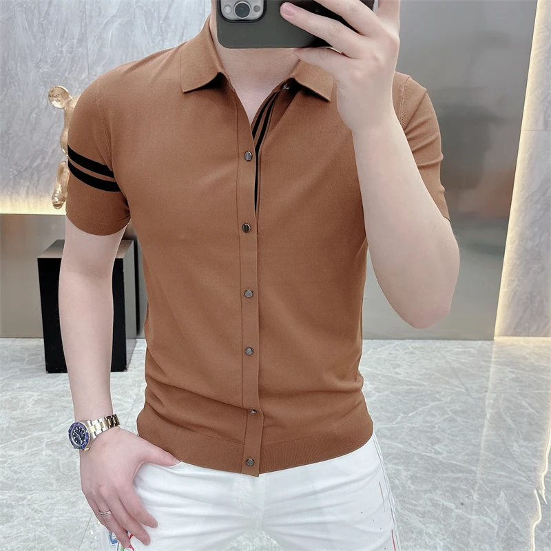 2024 Summer Stripe Knitted T-shirt for Men Polo Collar Ice Silk Short Sleeve T-shirt Men\'s Casual Business Knitwear Tee Tops