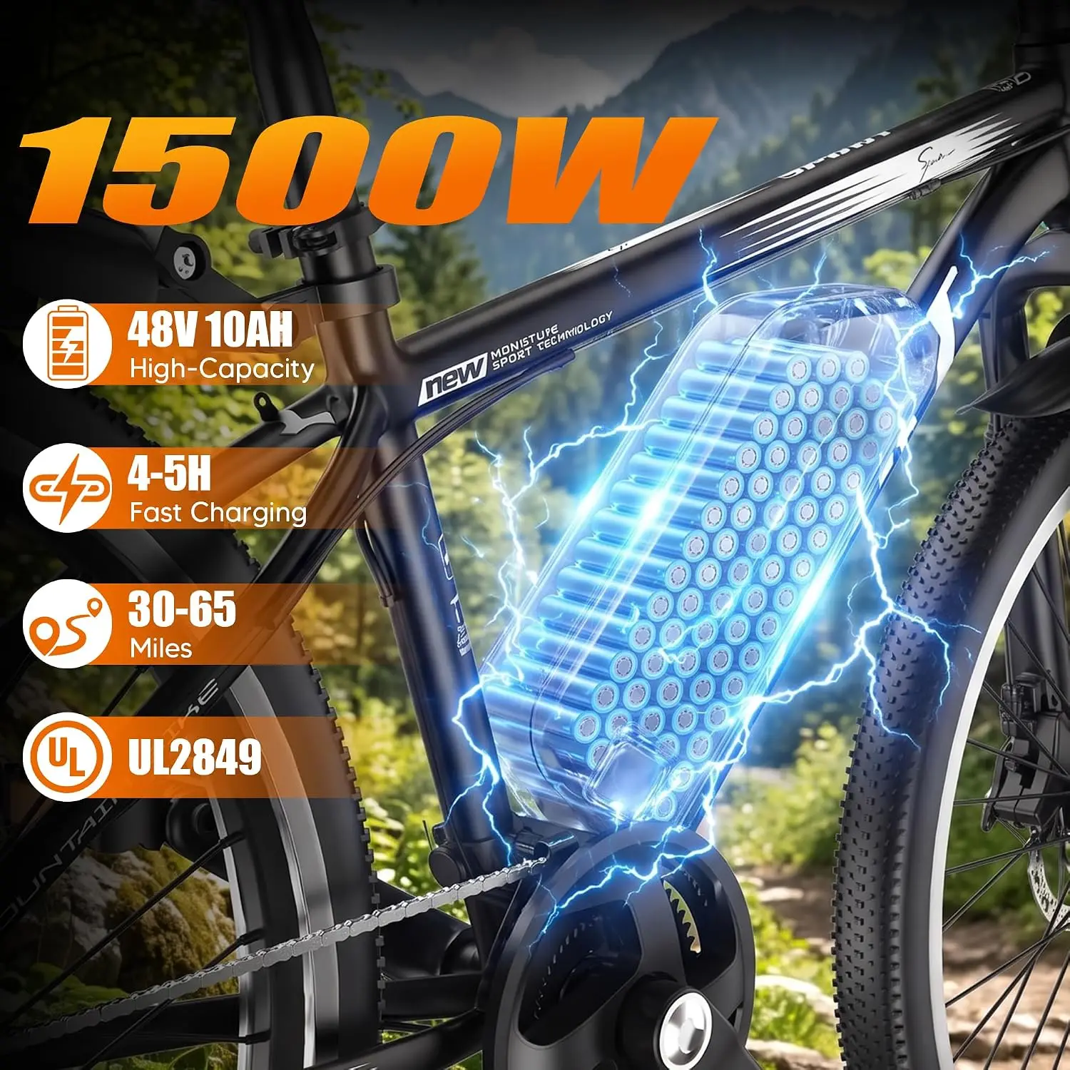 1500W Peak Motor Mountain Electric Bike, 25MPH 45Miles 48V Battery 7-Speed 26