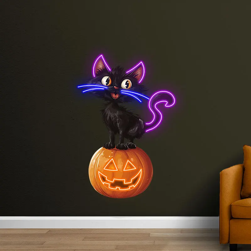 Halloween Cat and Pumpkin Neon Light - LED Wall Decoration for Spooky Halloween Parties, Indoor/Outdoor Decor, Fun and Festive