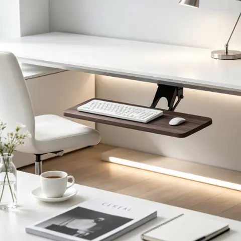 Adjustable Keyboard Tray Under Desk Slide Rail, Sturdy Metal Storage Rack Rotating Stand for Computer Office Organizer