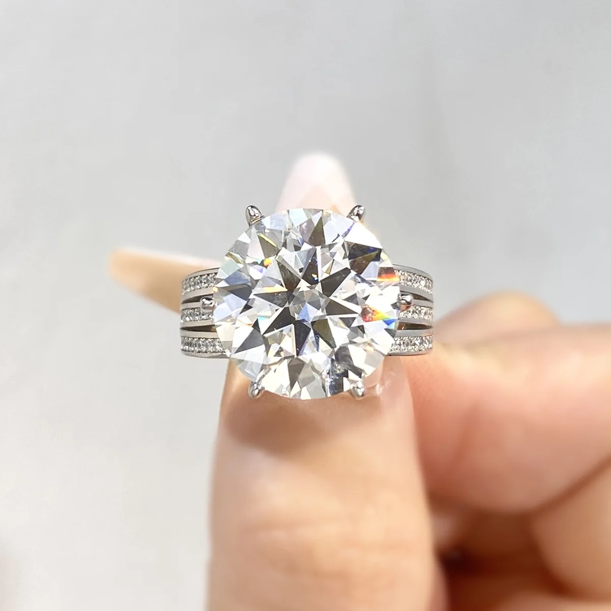 S925 Rhodium Plated Silver 10CT D Color Oversized Moissanite Double Row Six Prong Ring for Women, Engagement Proposal Jewelry