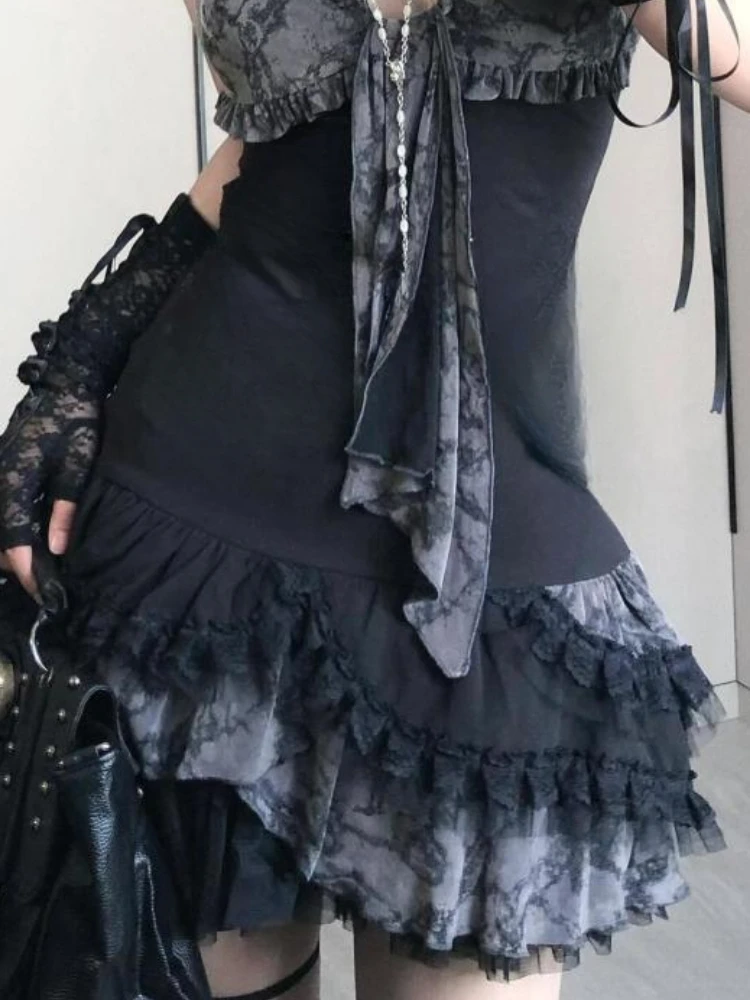 فستان مثير مطبوع بأشرطة مفرغة فستان نسائي مُزين بالدانتيل فساتين Y2Kaesthetic Grunge مكشكشة