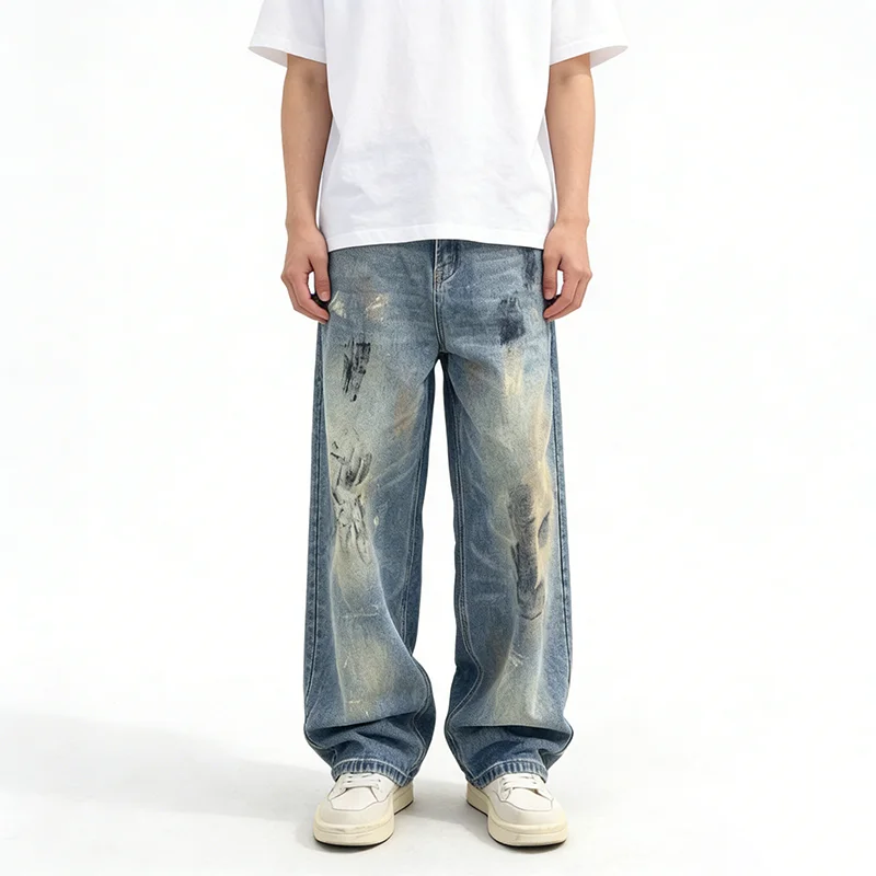 Korean Retro High Street Splashed Ink Jeans Men'S Summer Straight Leg Jeans Casual Loose Wide Leg Pants Long Pants