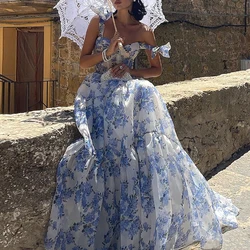 Fashion Off Shoulder Lace Up Mesh Long Dress Bow Suspender High Waist Women Evening Dress Summer Floral Print Pleats Beach Dress