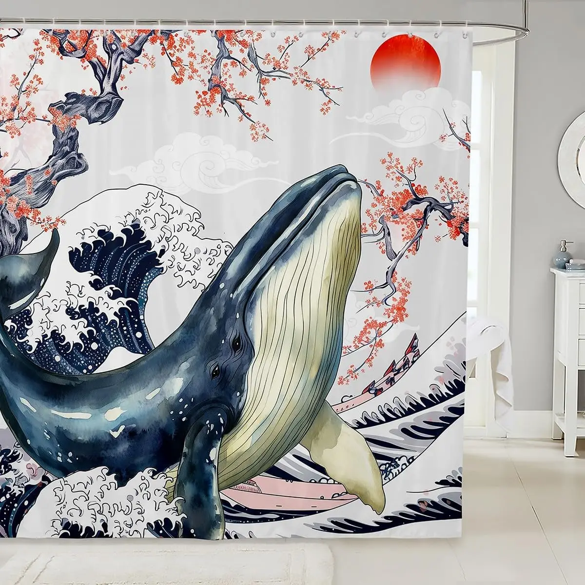 

Sea Whale Bath Curtain for Kids Boys Girls Japanese Style Shower Curtain, Vintage Ukiyoe Waterproof Bathroom Curtain Ocean Wave