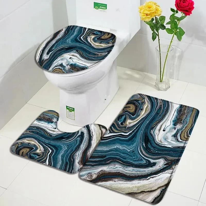 Abstract Black White Marble Bath Mat Set Creative Geometric Texture Modern Carpet Home Bathroom Decor Non-slip Rugs Toilet Cover