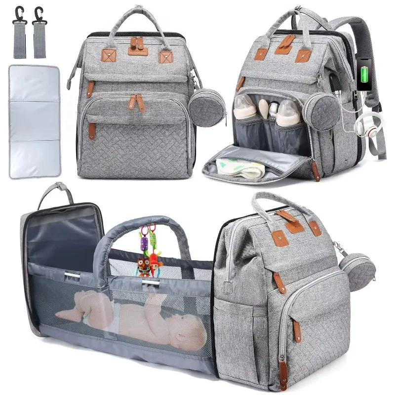 

EG109 Foldable Baby Bed Diaper Bag, Multi-Function Anti-Mosquito Mommy Backpack, Large Capacity Travel Stroller Bag