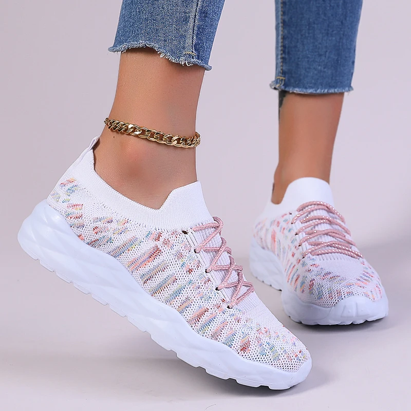 Women\'s Mix Colors Elastic Knitting Sneakers 2023 Autumn Casual Breathable Flats Shoes Woman Thick Sole Lace Up Walking Shoes 43