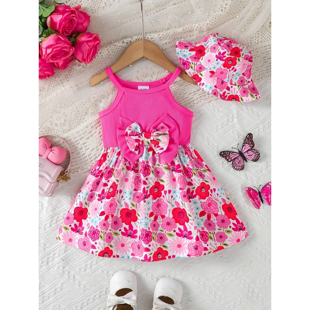 Summer Baby Girl Dress Sleeveless Rose Red Flower Sling Dress with Double Bow+Hat Birthday Party Dress for 1-3Years Toddler Girl