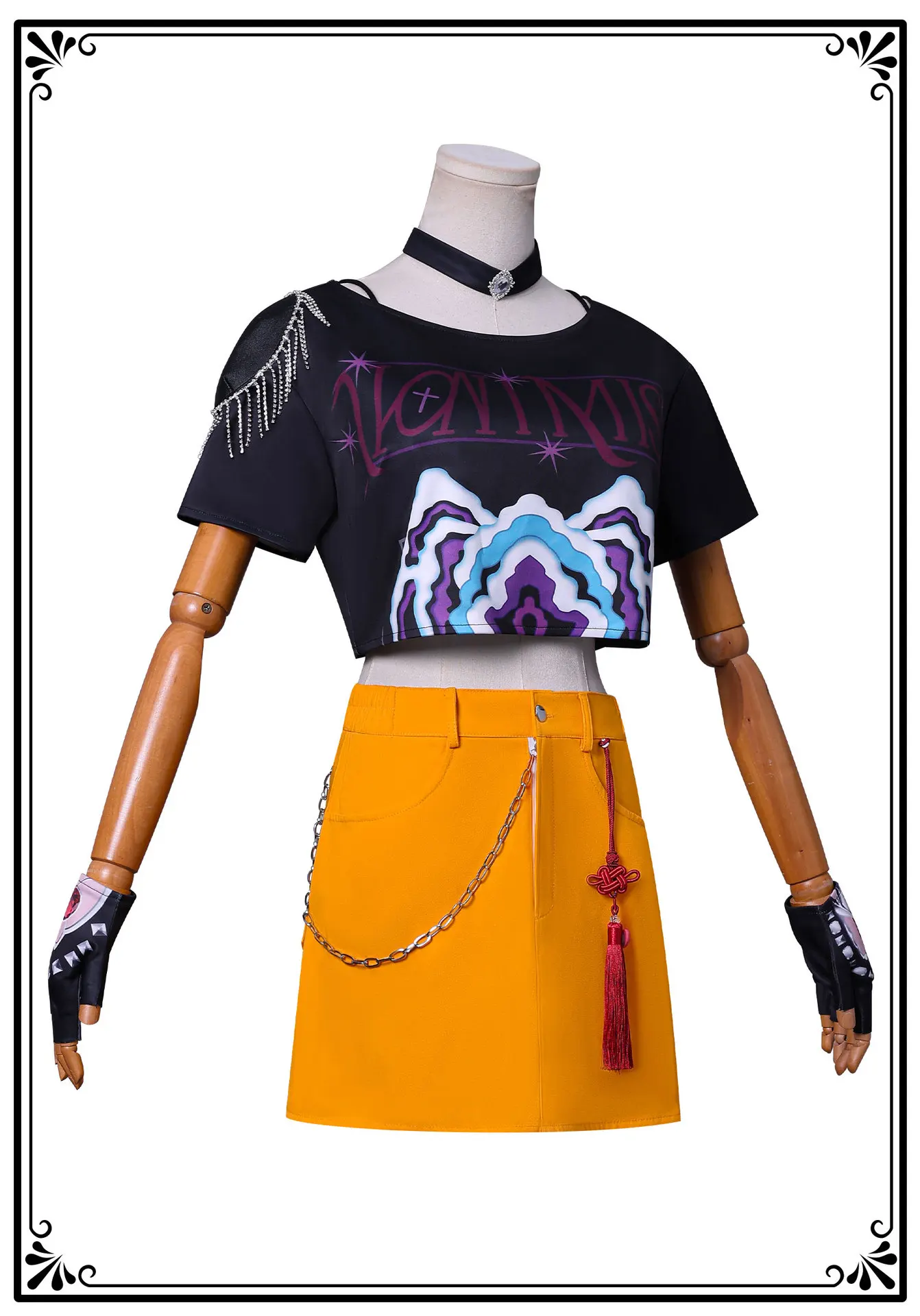 Mira Cosplay Kaus Lengan Pendek Hitam Kostum Rok Kuning Wig Merah Pakaian Pesta Mewah Halloween Natal Wanita untuk Anak Perempuan