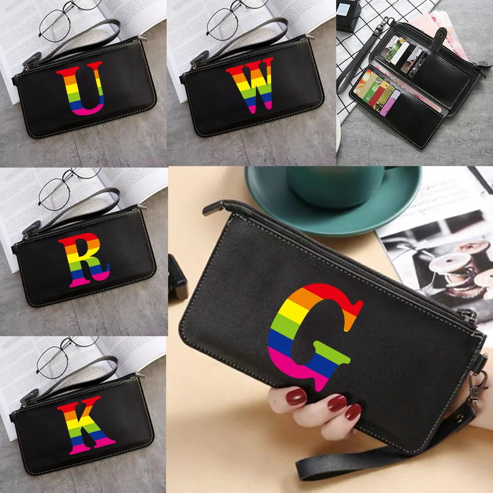 

Кошелек большой вместимости, серия Rainbow Letter, минималистичный клатч, кожаная сумка на молнии с несколькими отделениями для карт, кошелек на молнии, кошелек для хранения монет, унисекс