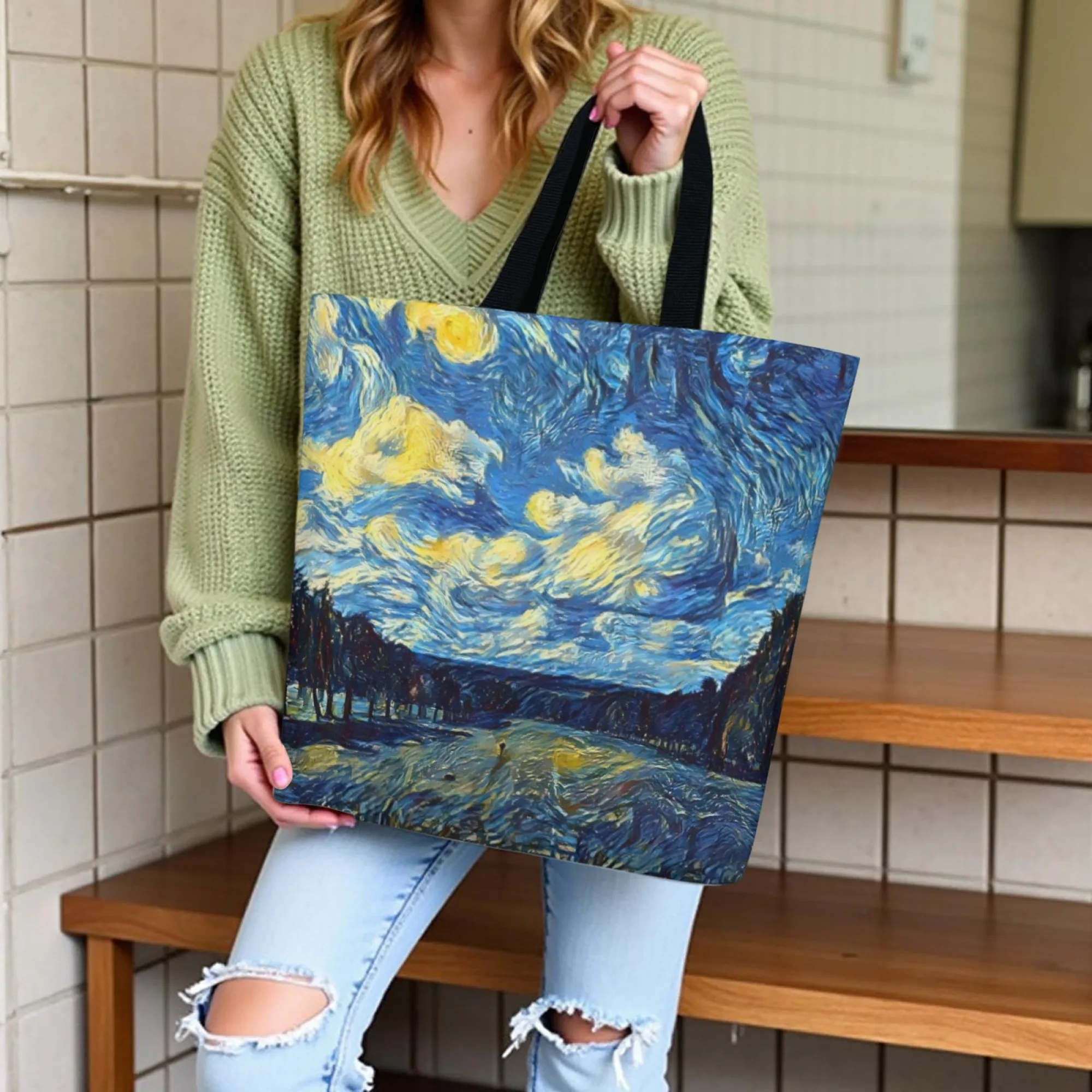 Van Gogh Canvas Tote Bag Starry Night Over The Rhône Art Print Shoulder Bag Women's Shopping Bag Perfect for Art Aesthetic Fans
