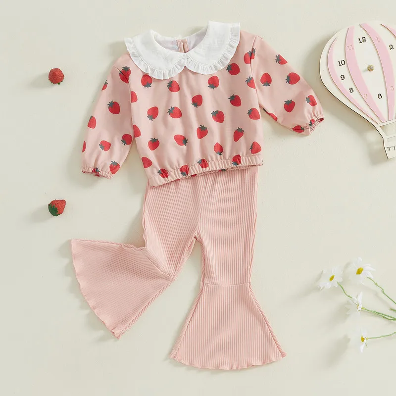 

6 Months to 4 Years Baby Girl Pant Sets Autumn Clothes Strawberry Long Sleeve Doll Collar Sweatshirt with Flare Pants