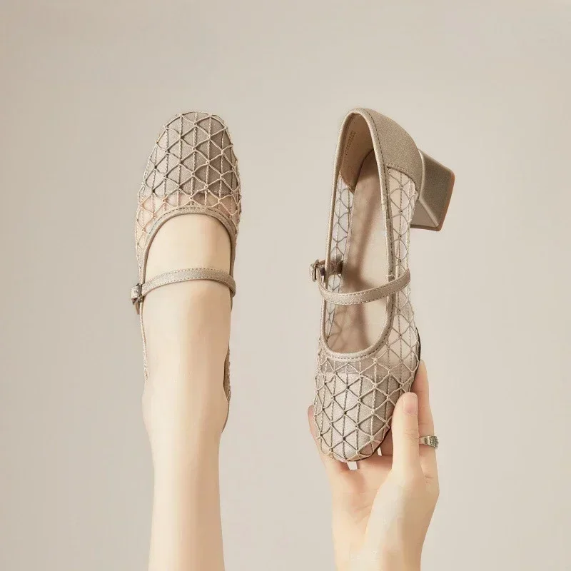 

Женская обувь Мэри Джейн на блочном каблуке, новинка 2025, летние французские сандалии, темпераментные туфли на высоком каблуке