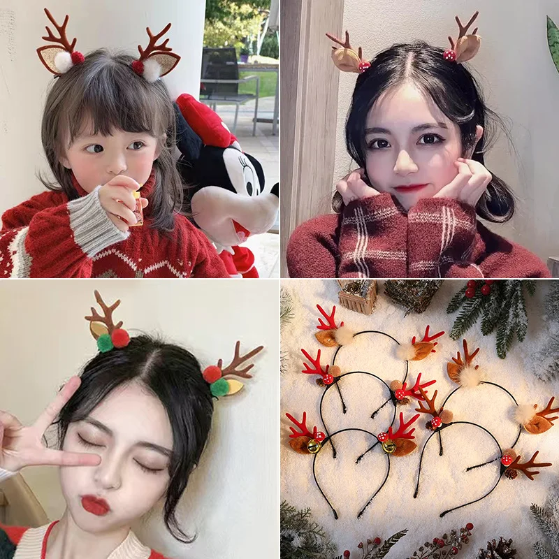 Christmas Headband Reindeer Antlers Horn Flower Hair Band Clasp Headwear for Kids Adult New Year Party Halloween Cosplay