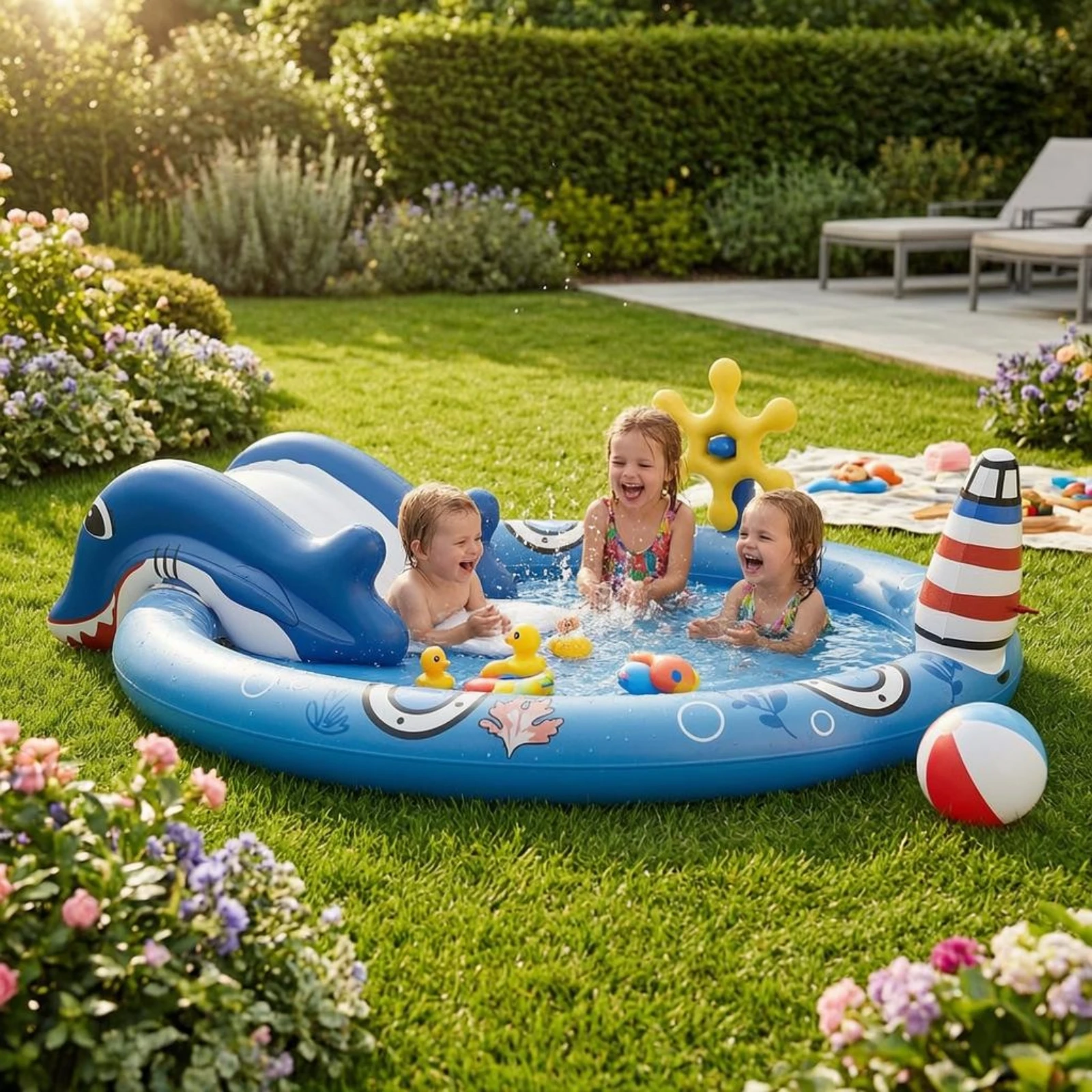 Ocean-themed Inflatable Pool Thickened PVC Lighthouse Column Water Play Center for Outdoor Backyard Aquatic Fun view 4