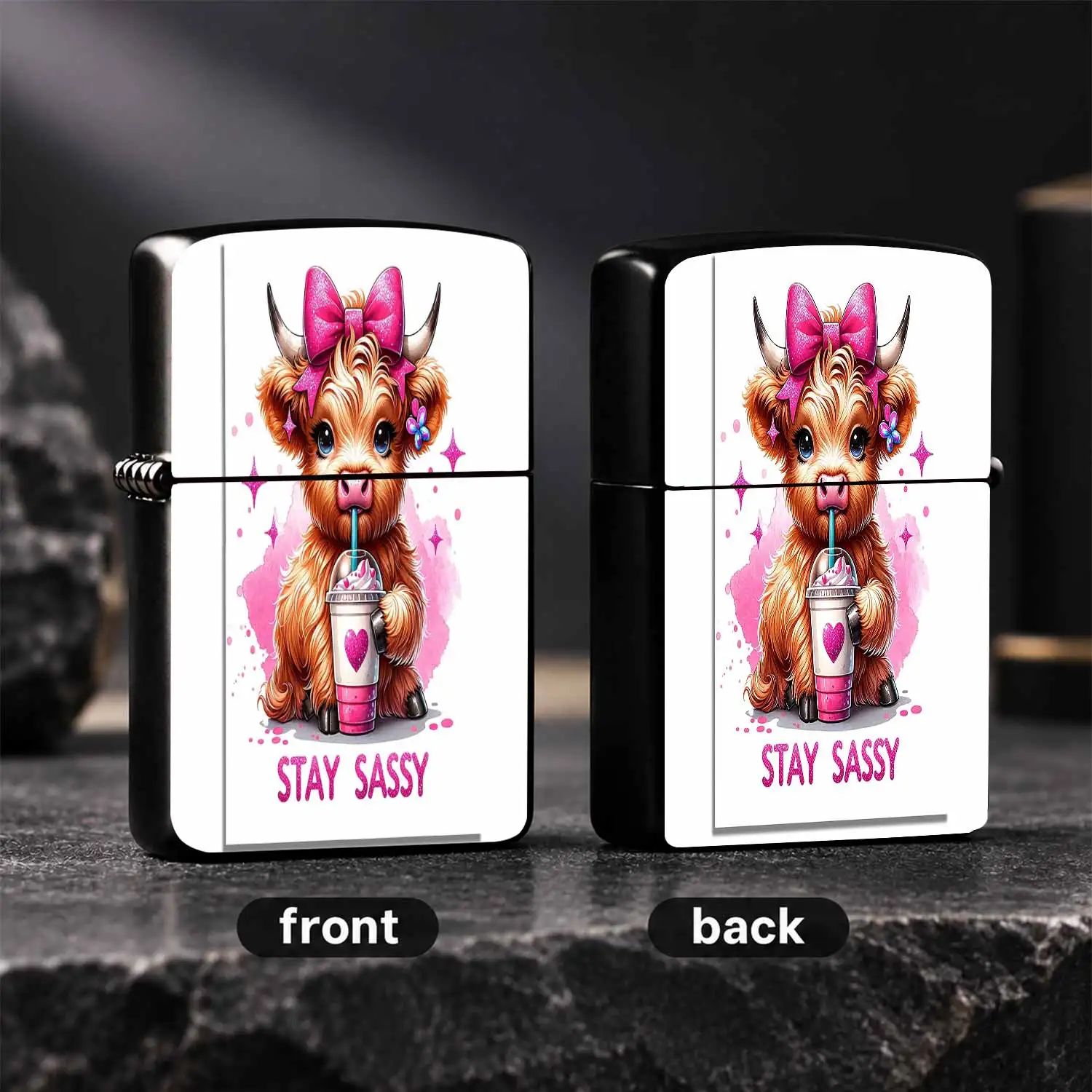Cute Highland Cow Lighter with Sparkly Pink Bowand Milkshake Print Stay Sassy Stylish Portable Accessory Ideal for Daily Use Gifting Various Occasions Unique Delicate Decorative Practical Item  A Humorous And Interesting Lighter