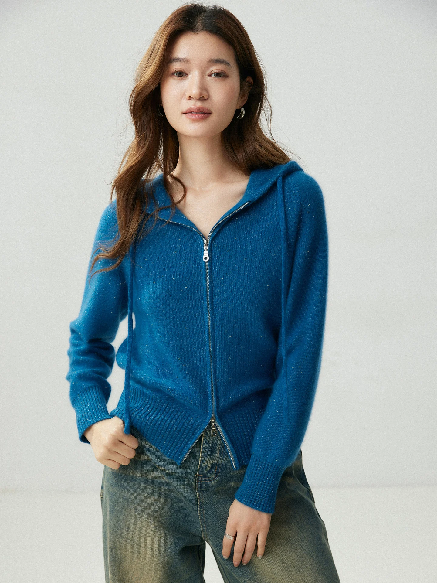 Female 100% Cashmere Mock-Neck Cardigan Knitwear Autumn Winter Stylish Hooded Sparkle Fleck Knit Casual Street Style Clothes Top