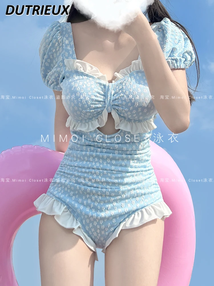 2024 New Short Sleeve One-Piece Suits Female Japanese Style Cute Covering Belly Sweet One Piece Swimsuit for Women Summer