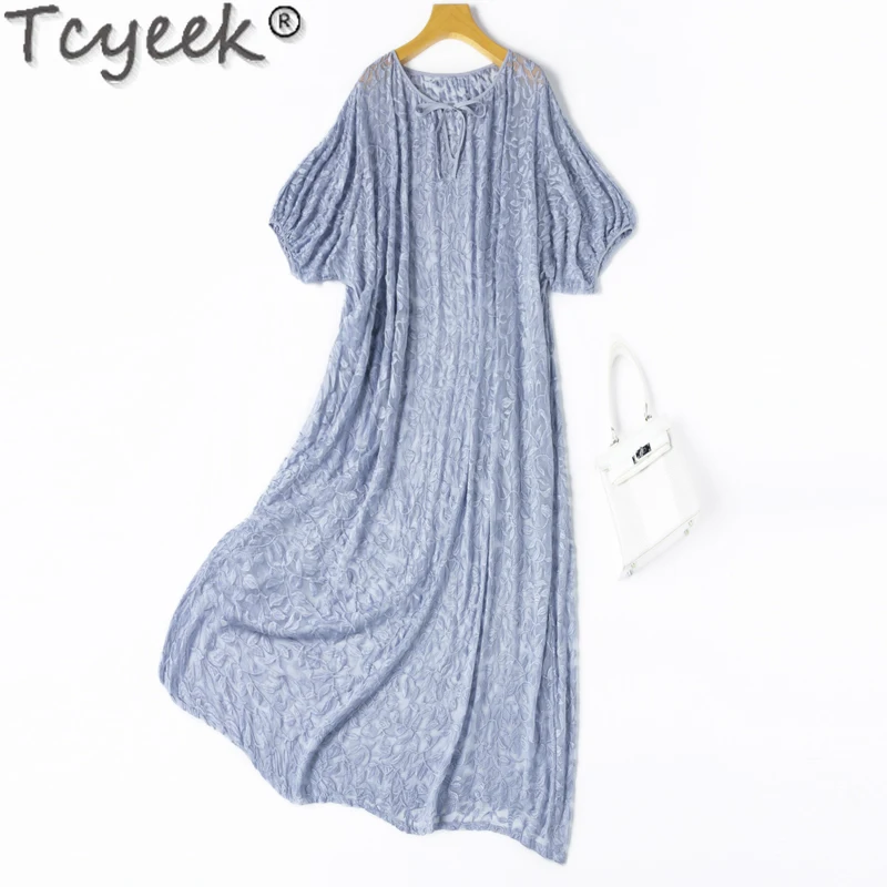 

Tcyeek 100% Real Mulberry Silk Dress Women Long Dress 2024 Elegant Women's Dresses Summer Clothes Embroidery Vestidos De Mujer