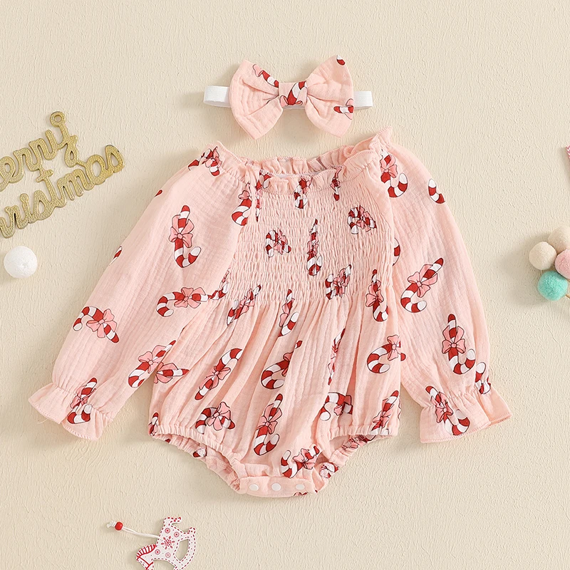 2024-08-13 Lioraitiin Baby Girls Christmas Romper Candy Cane Print Long Puff Sleeve Smocked Jumpsuits Bow Headband Outfits