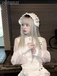 W japońskim stylu Harajuku czarny Punk koszula Lolita Top damski bluzka Mine Cross doszywana siatka czarny biały koszula na długi rękaw