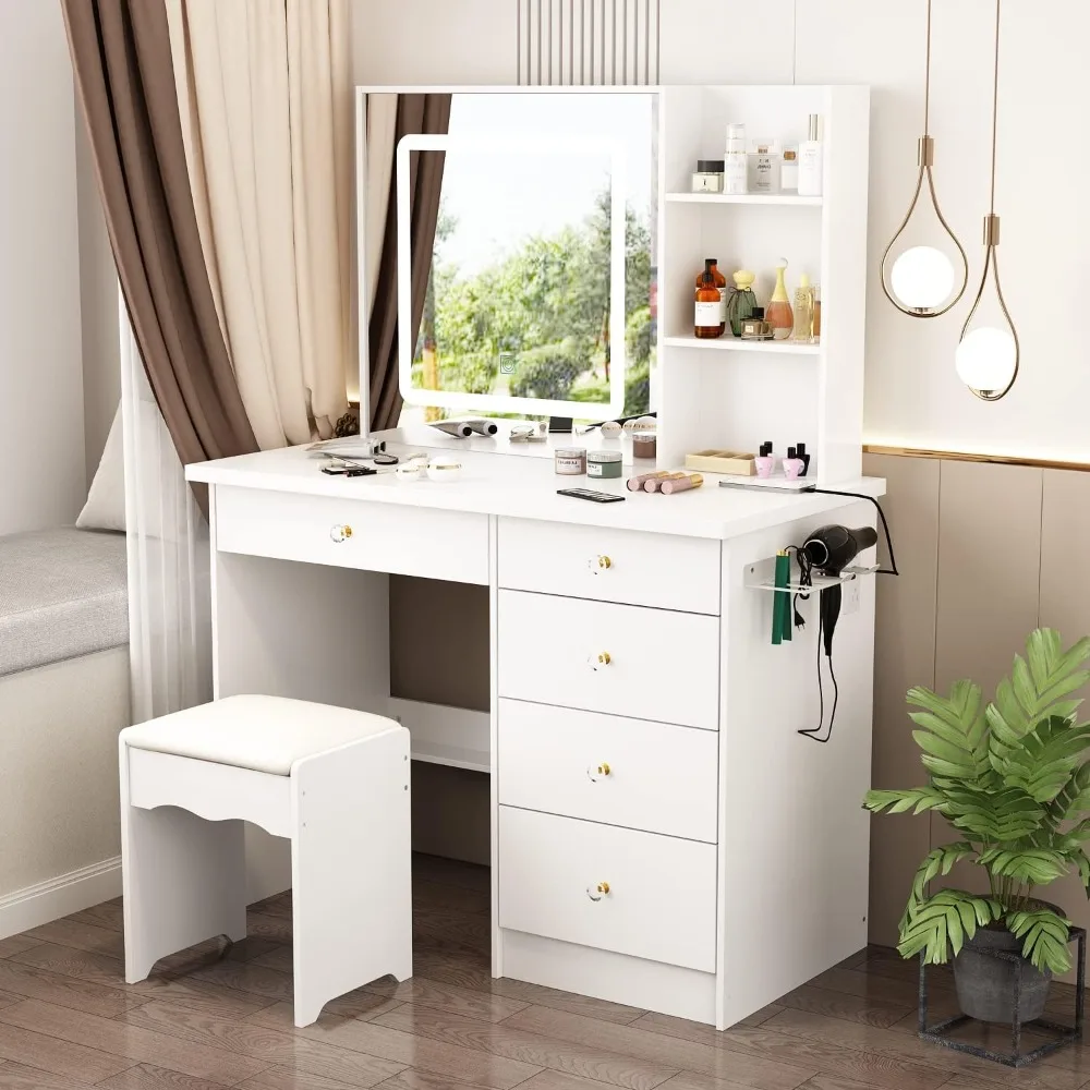 

Vanity Desk Set Makeup Table with Large Lighted Mirror,Power Strip and Hair Dryer Holder, Dressing Table with Drawers,White