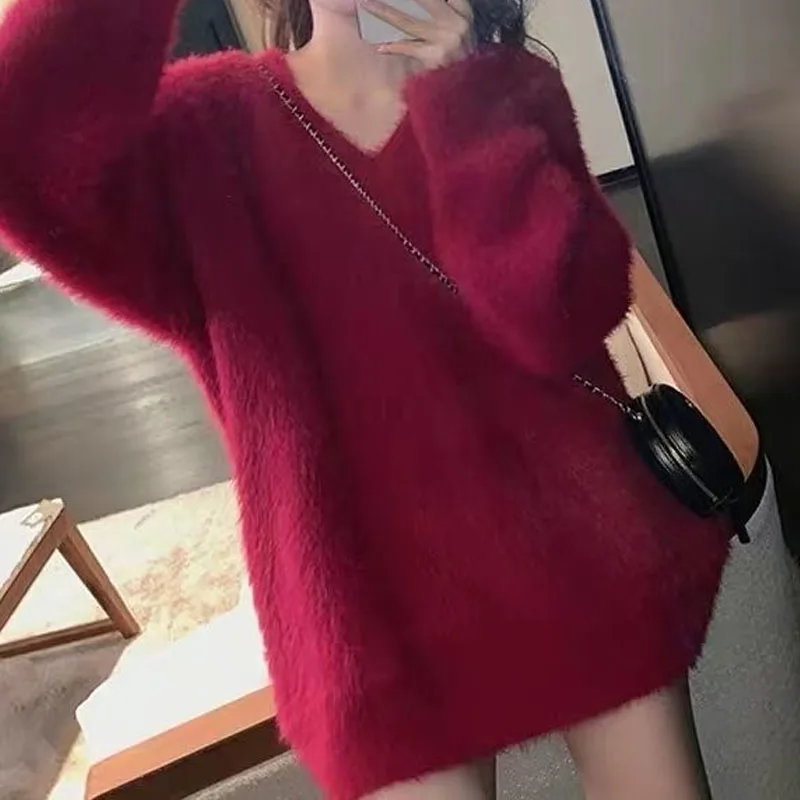 Women\'s Clothing Loose Korean Long Sleeve V-Neck Sweaters Spring Autumn All-match Solid Midi Knitted Pullovers Female Clothing