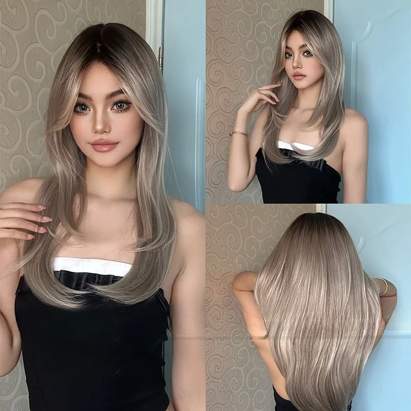 

European and American new wig fashion femininity medium eight characters bangs gradual change color long straight hair full head