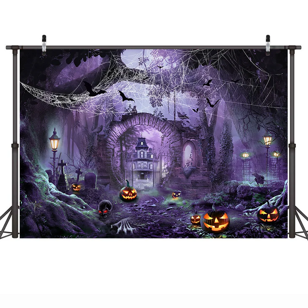 Счастливый Хэллоуин, баннер для вечеринки, фотофон, замок, кладбище, луна, ночь, тыква, фонарь, фон, ведьма, трюк или жизнь, принадлежности