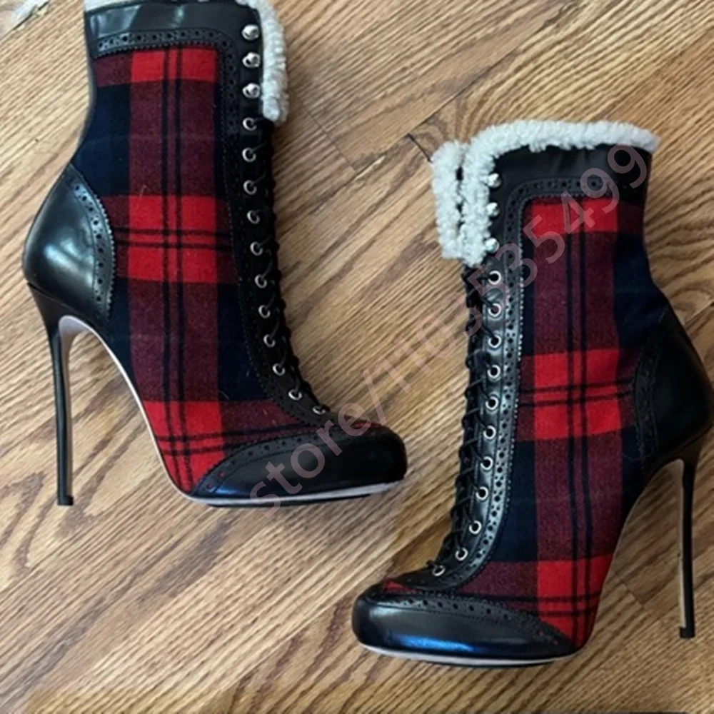 

Плюшевые ботинки на шпильке с круглым носком, модные женские вечерние повседневные ботильоны, осень 2021, новый стиль, сексуальные подиумные ботинки на шнуровке