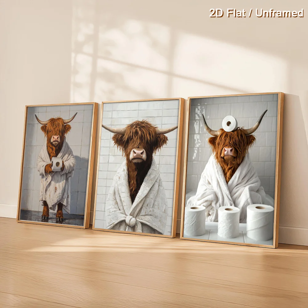 （NoFranme 3PCS）-3pcs Highland Cow Bathrobe Canvas Paintings | Unframed, Toilet Paper Art Prints, Bathroom Humor Wall Arts, Fu