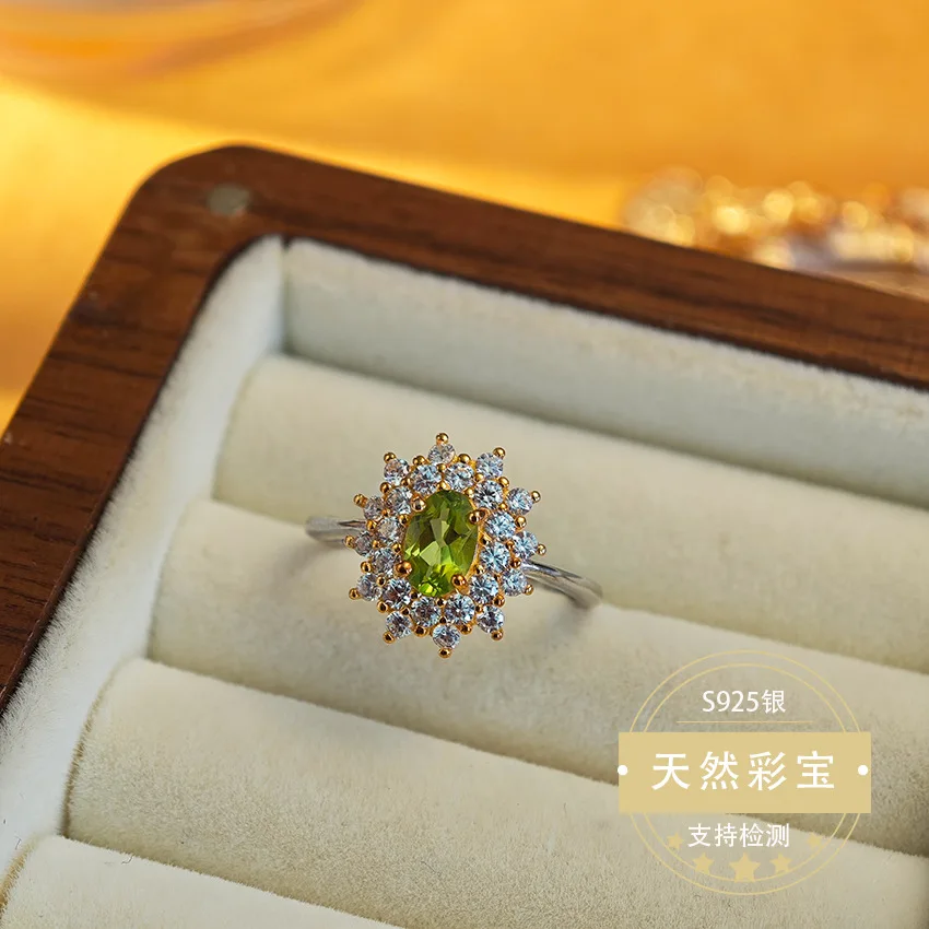 

Natural Authentic Peridot Ring for Women 925 Sterling Silver Adjustable Size Ring Anniversary Fine Christmas Gift Birthday