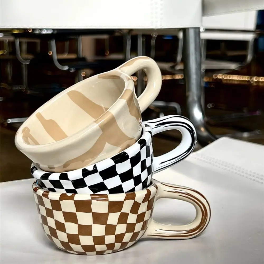 Creative INS Ceramic Coffee Cup Hand Pinched Plaid Water Cups Heat-resistant U-shaped handle Breakfast Container Coffee