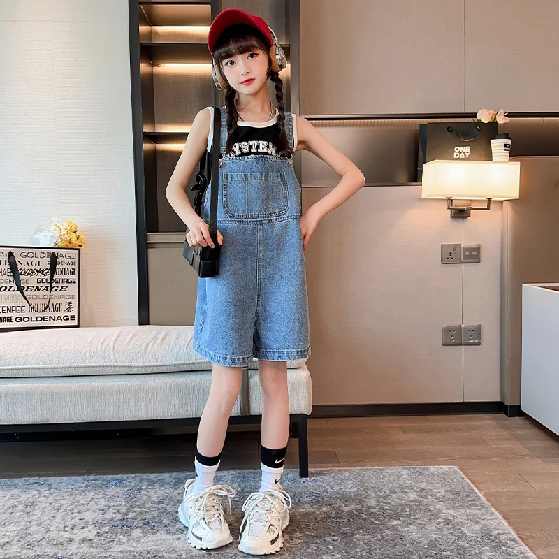 Baby Strap Shorts Summer Slim Girls Capris Children's Jumpsuit Denim Shorts Adjustable+Tank Top Kids Clothing Sets