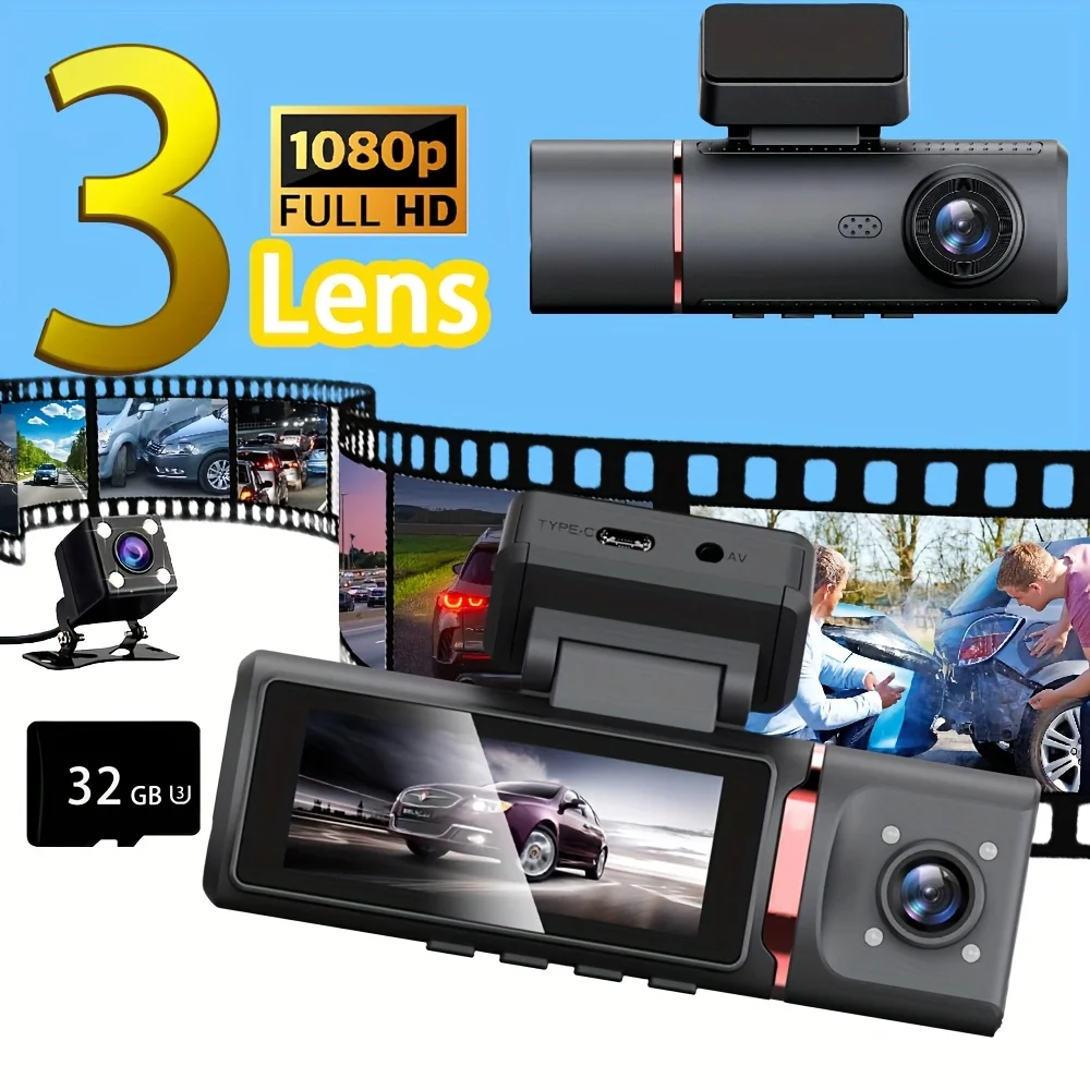 

3-канальный автомобильный видеорегистратор HD 1080P с 3 объективами внутри автомобиля, видеорегистратор, трехсторонняя камера, видеорегистратор, видеорегистратор, видеокамера