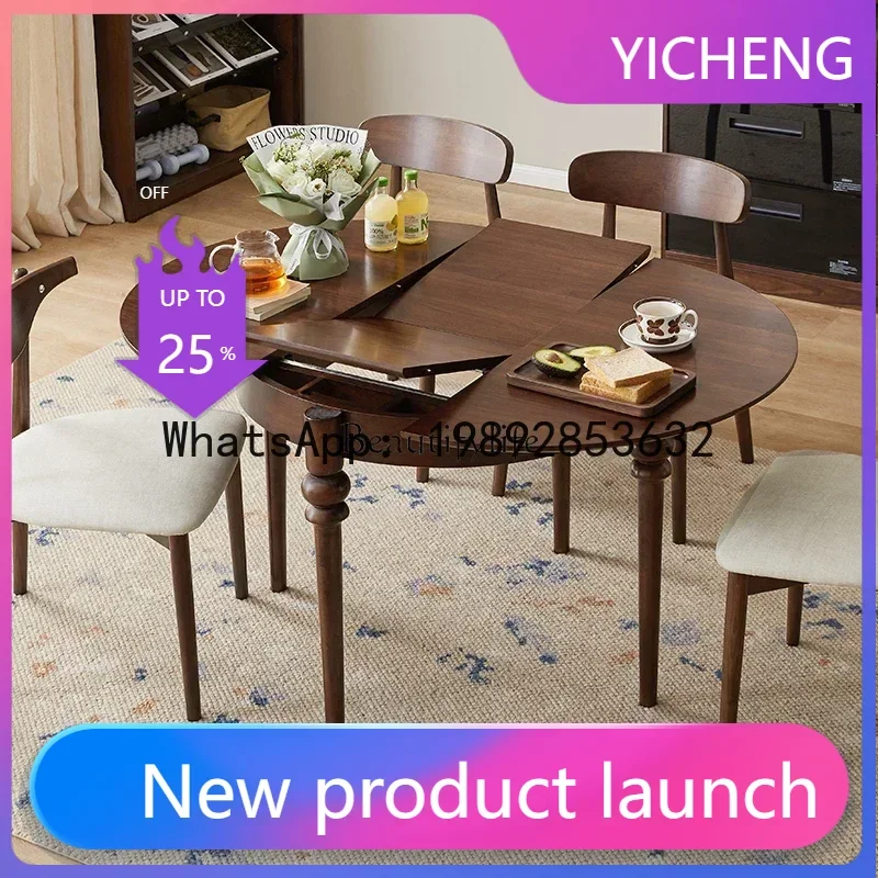 

solid wood round table dining table and chair combination household black walnut retractable folding